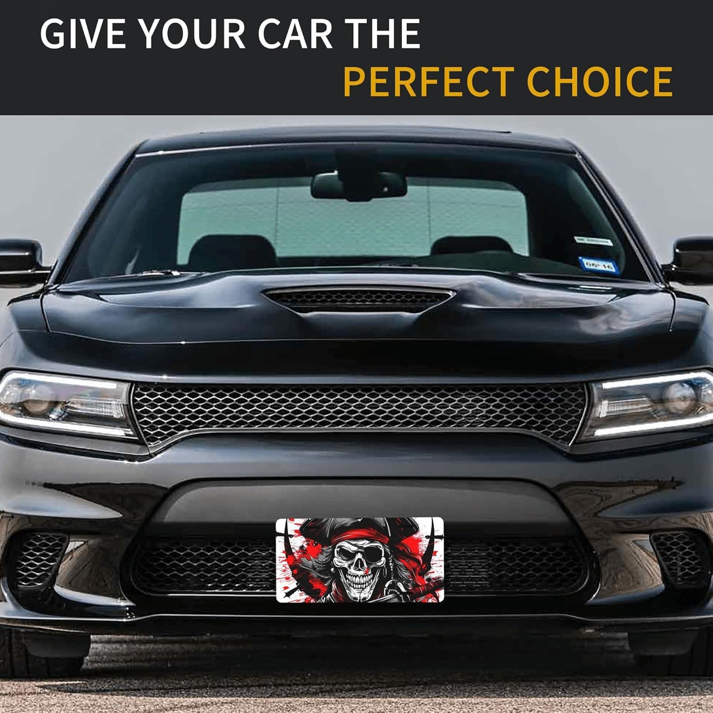 Front License Plate for Car Designs Red Black Skull Pirate Stainless License Plate Cover Holder for Men Women Metal Aluminum Decorative Accessory Vanity Tag Standard 6 X 12 Inch (4 Holes)