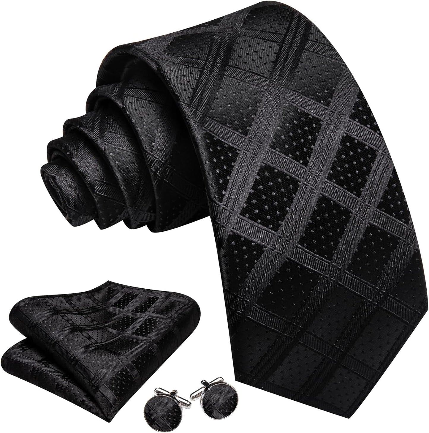 Barry.Wang Designer Classic Ties for Men Set Formal Pocket Square Cufflink Check Plaid
