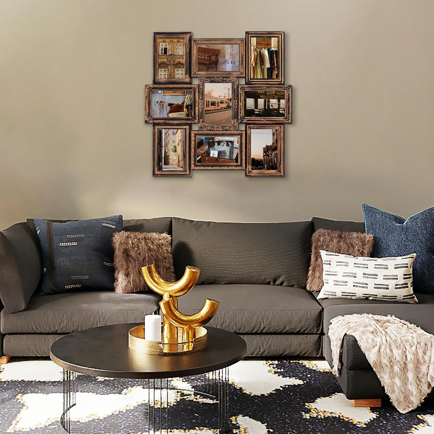 Jerry & Maggie - Photo Frame Picture Frame 20"X20" Bronze Curved Square Shape Photo Picture Frame Selfie Gallery Collage Wall Hanging For 6"x4" Photo - 9 Photo Sockets - Wall Mounting Design