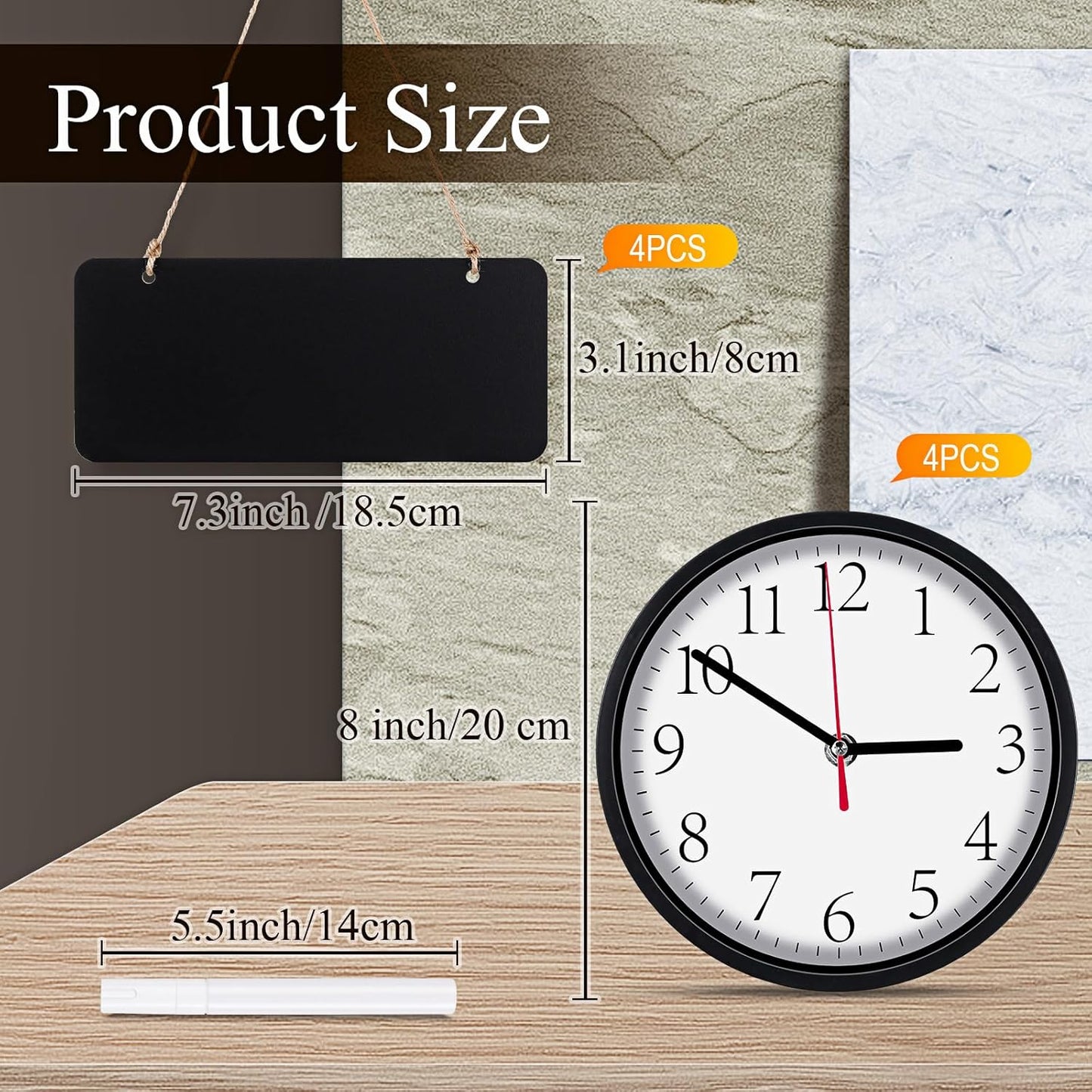Inbagi 4 Pieces Wall Clocks Set Include Quartz Wall Clock Battery Operated Round Clock with 4 Pieces Hanging Chalkboard and White Marker Pen for Hotel Office Home Room Kitchen(8 Inch,Black)