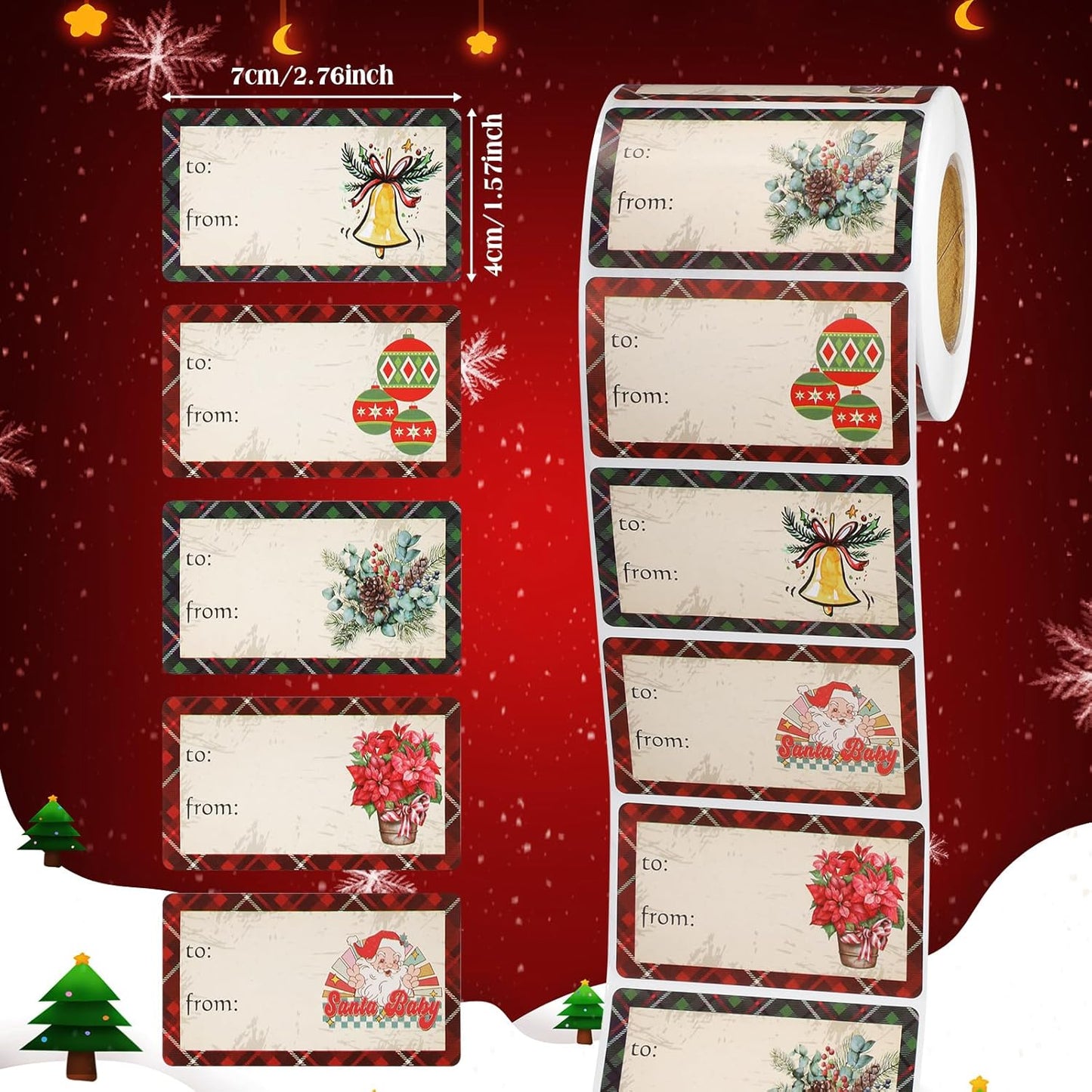 Outus 500 Pieces Christmas Tags Self Adhesive Gift Tags for Xmas Presents Christmas Name Labels Stickers for Wrapping Paper Festival Birthday Holiday Decor(Plaid Style,2.76 x 1.57 Inch)