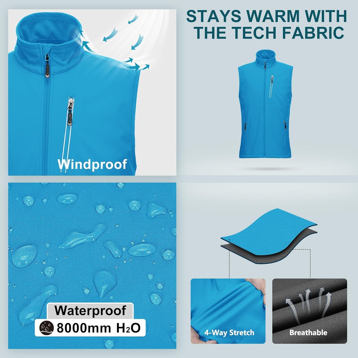 33,000ft Men's Windproof Lightweight Golf Vest Outerwear with Pockets, Softshell Sleeveless Jacket for Running Hiking Sports