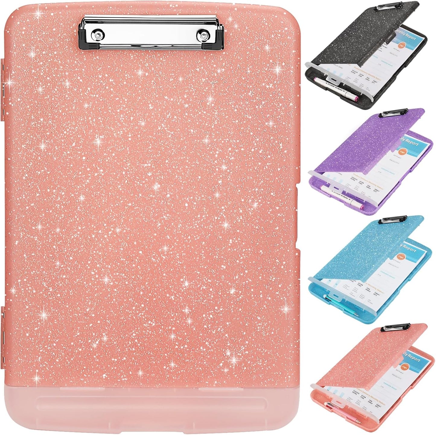 Glitter Clipboard with Storage,Storage Clipboard with Pen Holder,A4 Binder Clip Boards 8.5x11 with Low Profile Clip,Side Opening Sparkle Clipboards, Clipboards Folder for Office Supplies-Pale Pink