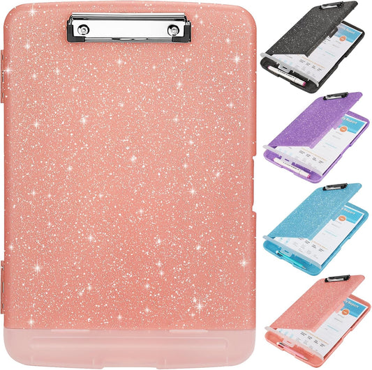 Glitter Clipboard with Storage,Storage Clipboard with Pen Holder,A4 Binder Clip Boards 8.5x11 with Low Profile Clip,Side Opening Sparkle Clipboards, Clipboards Folder for Office Supplies-Pale Pink