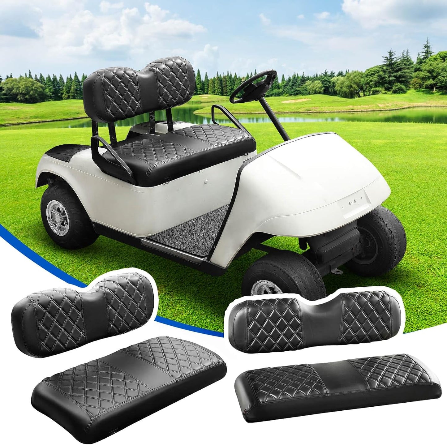 NOKINS 4PCS Golf Cart Diamond Seat Covers Kit, Front and Rear Seat Covers Fits EZGO Freedom TXT-T48 2014+ Standard Seat Cushion, Durable Breathable Vinyl (Black&Black Stitching)