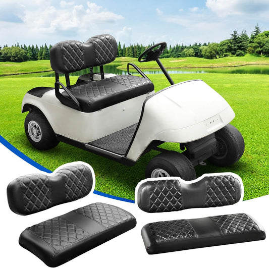 NOKINS 4PCS Golf Cart Diamond Seat Covers Kit, Front and Rear Seat Covers Fits EZGO Freedom TXT-T48 2014+ Standard Seat Cushion, Durable Breathable Vinyl (Black&Black Stitching)