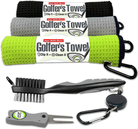 Towel Gifts and Accessories Set (Many Colors) - 3 Golf Towels, Golf Divot Tool, Ball Marker, and Golf Cleaning Brush, Golf Gifts for Men, Women, Children