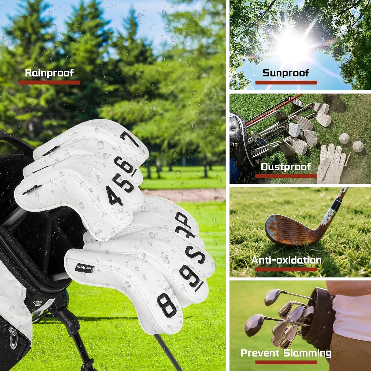 BIG TEETH Golf Hybrid Iron Head Cover 9Pcs, Long Hybrids Iron Covers Head Covers Set, Golf Club Covers W/Big NO. Fits for Cleveland Launcher Cobra T Rail Hybrid Irons