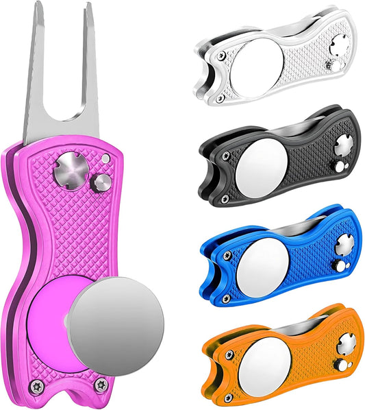 Golf Divot Tool with Magnetic Ball Marker, Multifunctional Divot Tool, Foldable Fork,Fix Divots, Clean Clubs and Cleats, U Shape Bottom can Hold Club