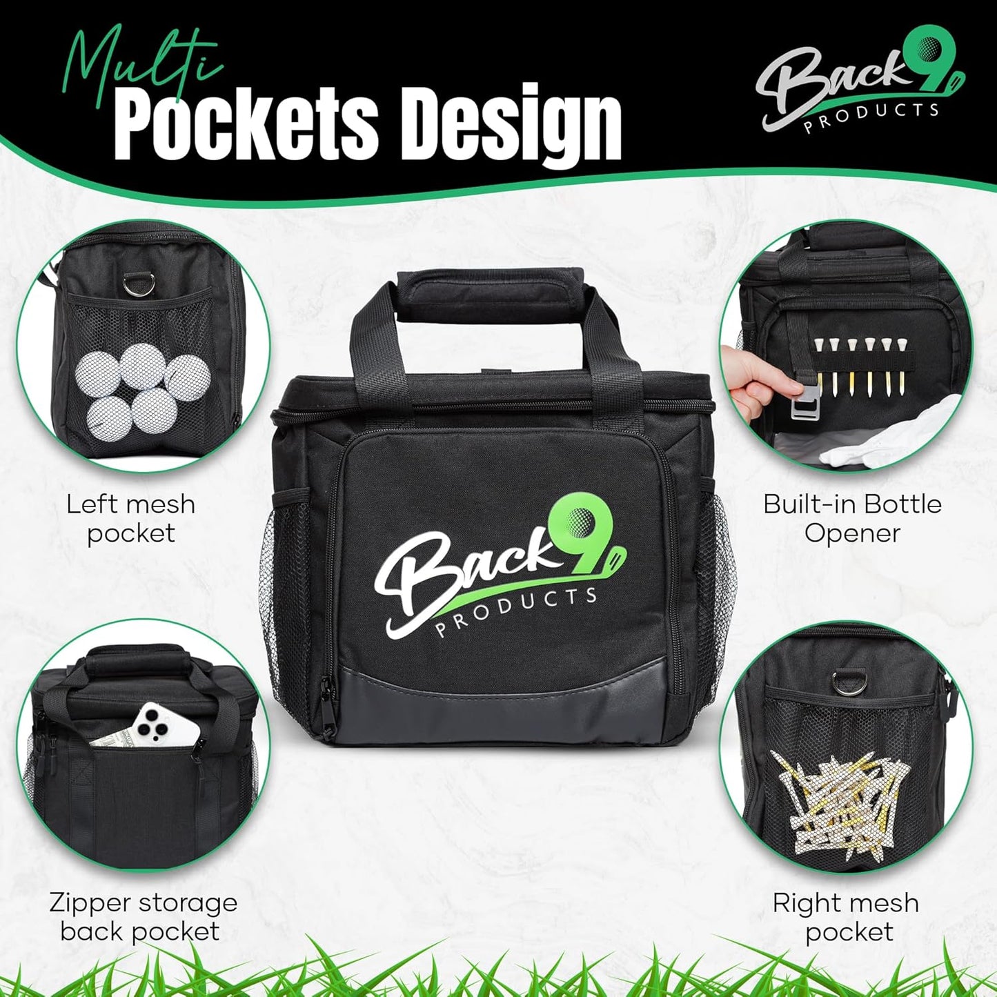 Back9Products Golf Cart Cooler Bag with Magnetic Lid - 12 Can Soft Sided Insulated Cooler, Leakproof & Waterproof - Portable Cooler for Push Carts, Work, Camping, Travel, Men & Womens Gifts