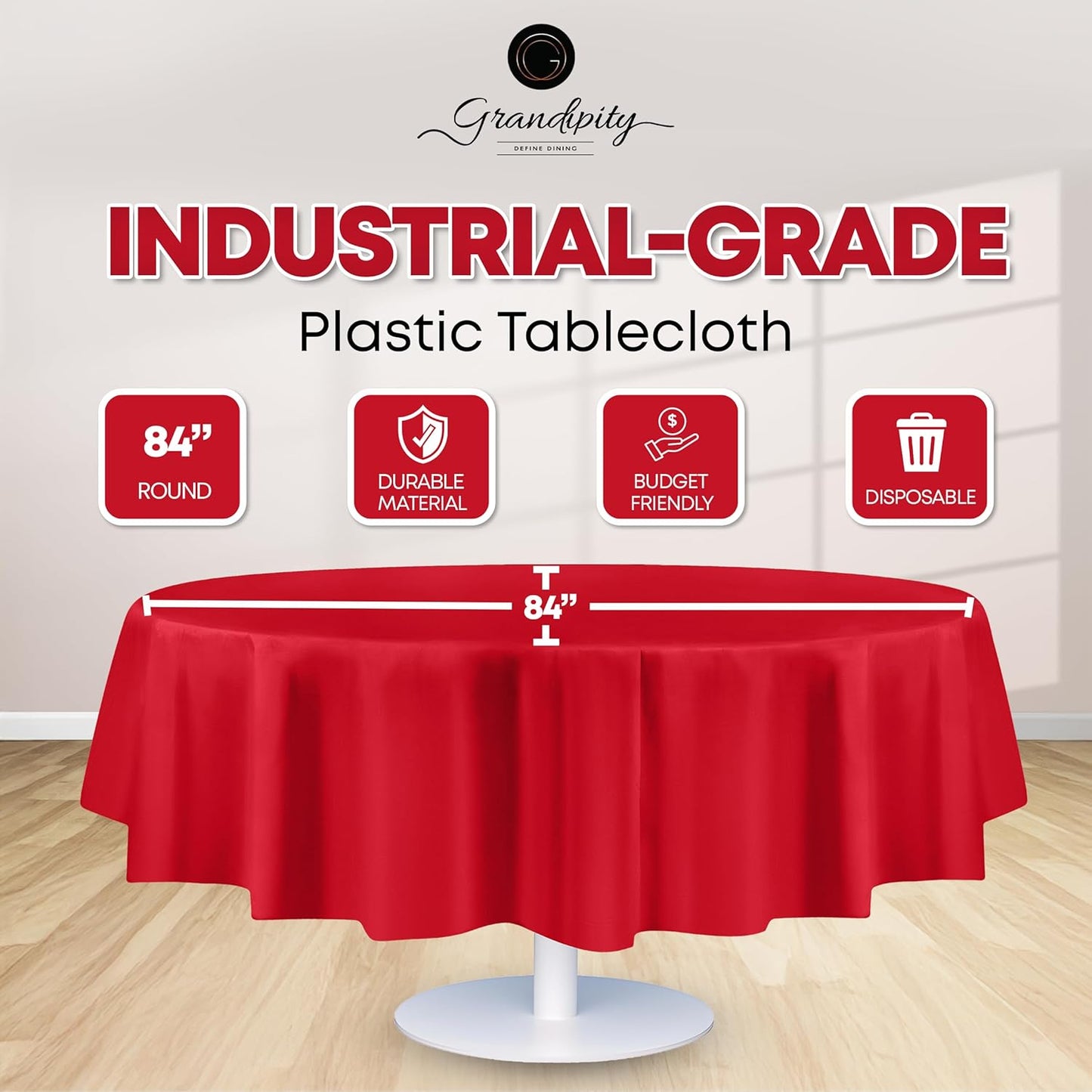 Grandipity 12 Pack Premium Disposable Plastic Tablecloth 84" Inch Decorative Round Table Cover - Red