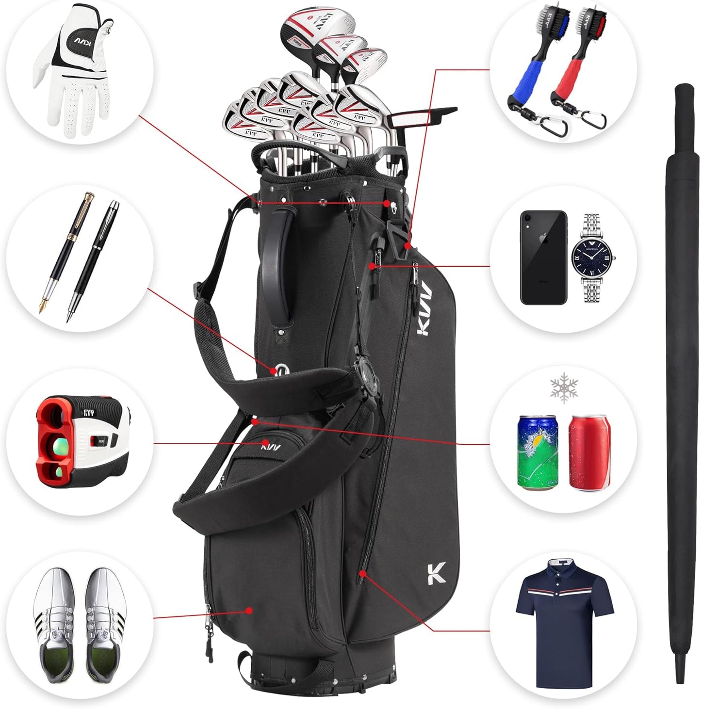 KVV Lightweight Golf Stand Bag with 7 Way Full-Length Dividers, 5 Zippered Pockets, Automatically Adjustable Dual Straps，Elegant Design