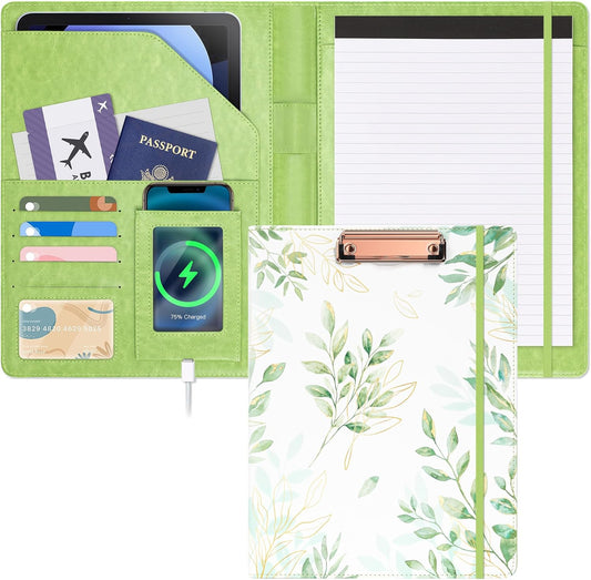 Ospelelf Foldable Faux Leather Clipboard Folio with Notepad 8.5 x 11,Green Business Padfolio for Women Portfolio Organizer, Leaf