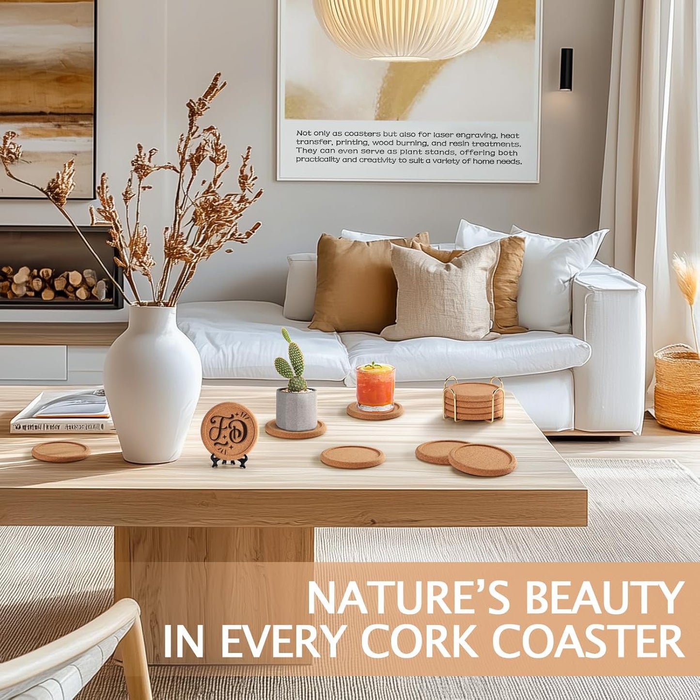 Cork Coasters for Drinks with Metal Holder, GOH DODD Absorbent Blank Coasters Tabletop Protection Home Decor for Housewarming Gifts Wedding Laser Engraving Wood Burning, Set of 4, Round, 4 Inch