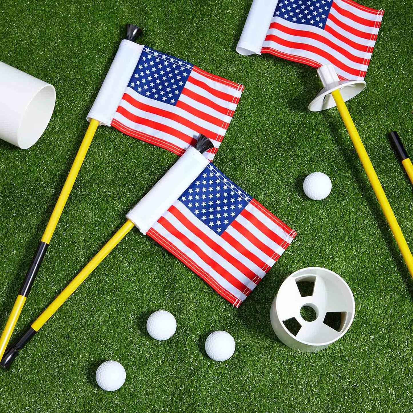 Meooeck 3 Pack Golf Flagstick 3ft Putting Green Pin Flag and Hole Cup Set for Yard Portable 2 Section Fiberglass Mini Golf Set for Driving Range Backyard, Double-side American Flag