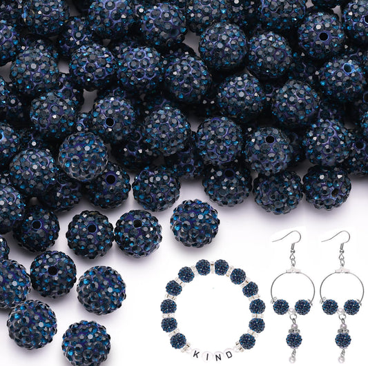 150pcs 10mm Rhinestone Beads for Jewelry Making, Blue Black Shiny Round Shamballa Disco Ball Beads Bulk, Sparkle Crystal Clay Christmas for Bracelet Baseball Necklace Earring Crafting and DIY