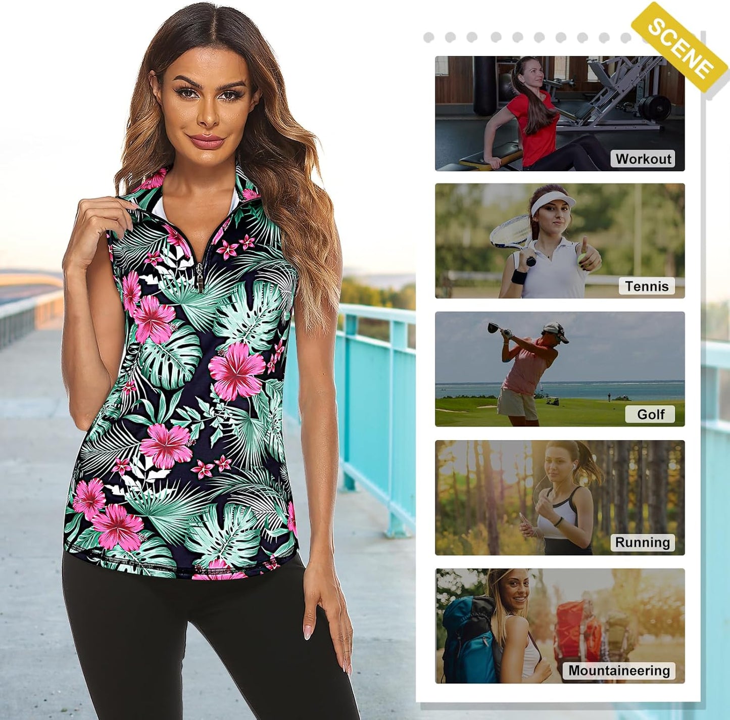 Koscacy Women's Sleeveless Golf Tennis Polo Shirts Zip Up Dry Fit Workout Tank Tops Athletic Shirt