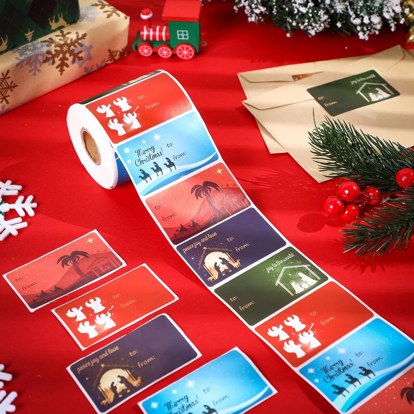 Outus 500 Pieces Christmas Tags Self Adhesive Gift Tags for Xmas Presents Christmas Name Labels Stickers for Wrapping Paper Festival Birthday Holiday Decor(Jesus Style,2.76 x 1.57 Inch)