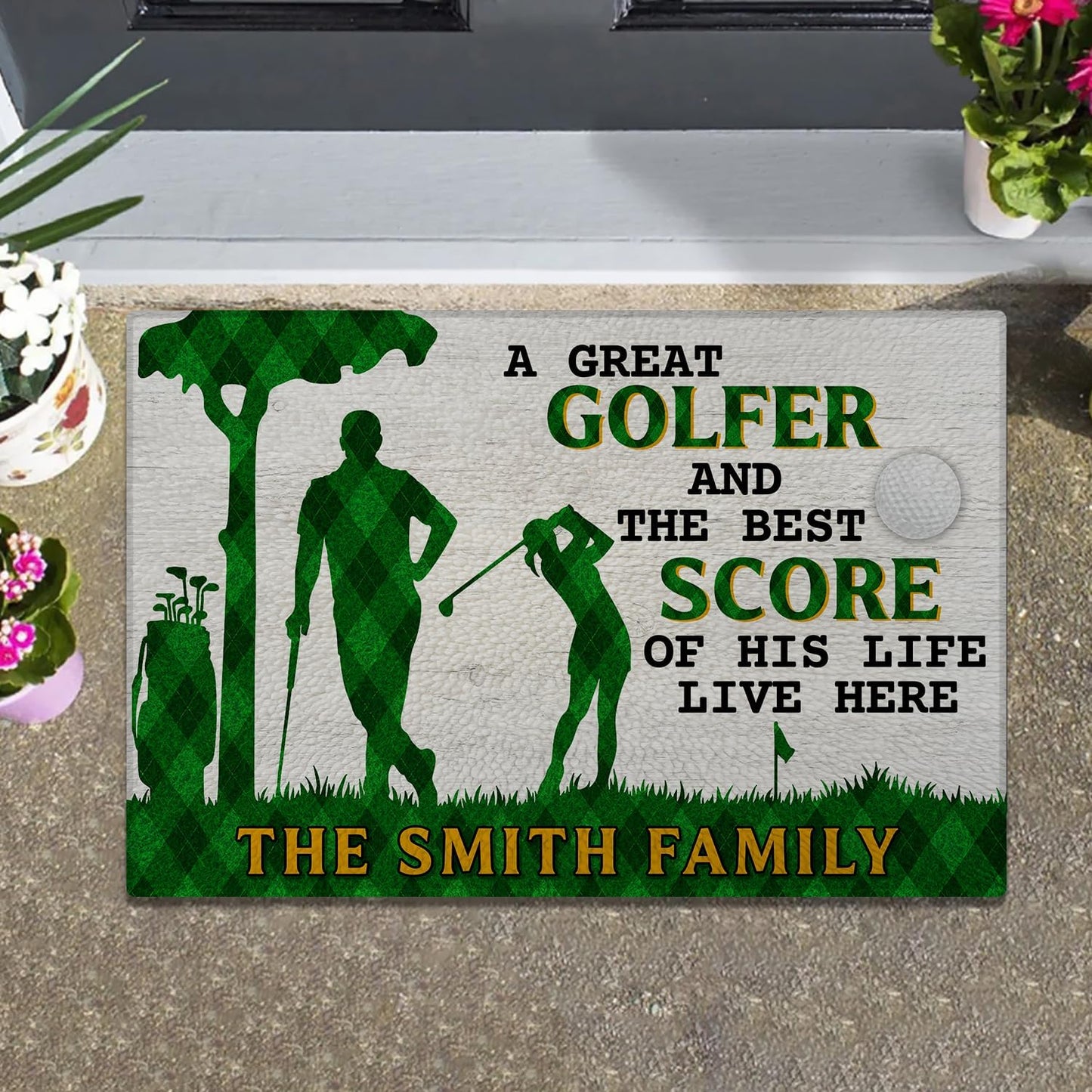 Personalized Golf Couple Doormat with Custom Family Name – Non-Slip Outdoor Welcome Mat for Front Door, Porch, Patio – Funny Gift for Golfer Husband and Wife, Wedding or Housewarming Present