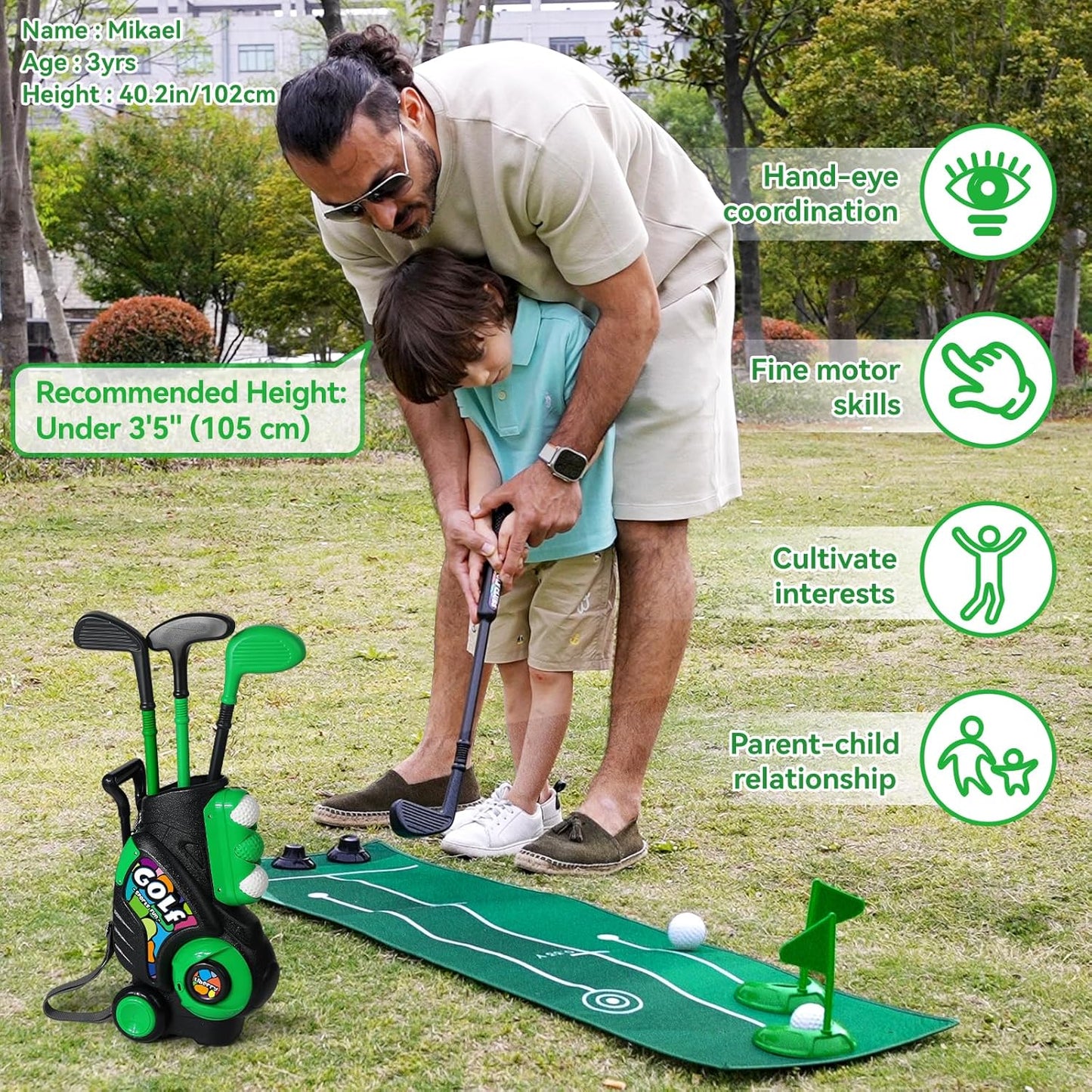 Liberry Toddler Golf Set with Putting Mat for Boys Girls Age 2 3 4, Upgraded Kids Golf Cart with Shoulder Strap Design, Outdoor Indoor Sports Toys for Birthday, Black