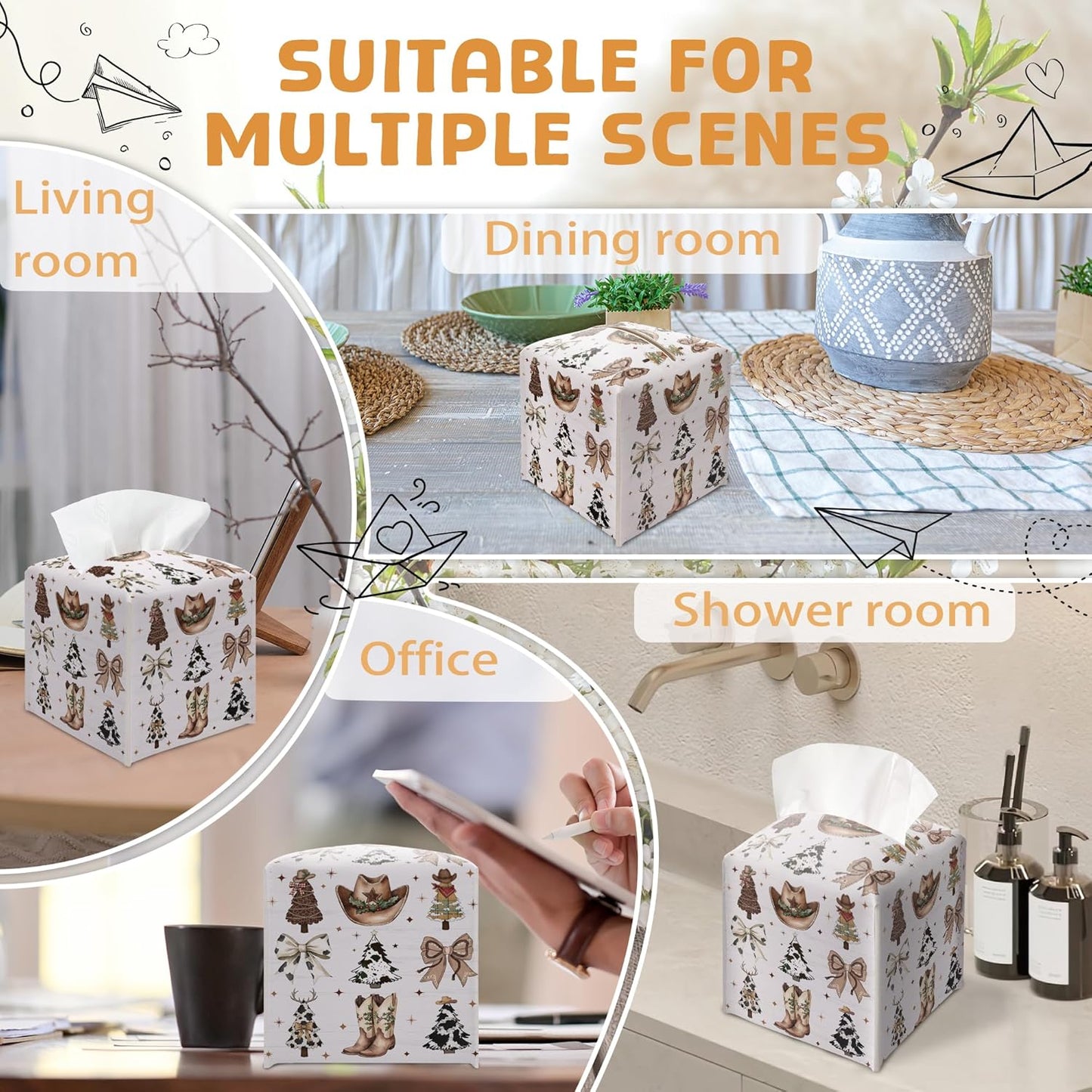 Country Christmas Tissue Box Holder, Cowgirl Boots Hat Christmas Trees Leather Tissue Box Cover Square, Paper Facial Decorative Tissues Cover for Bathroom Kitchen Office Home Decor-B33