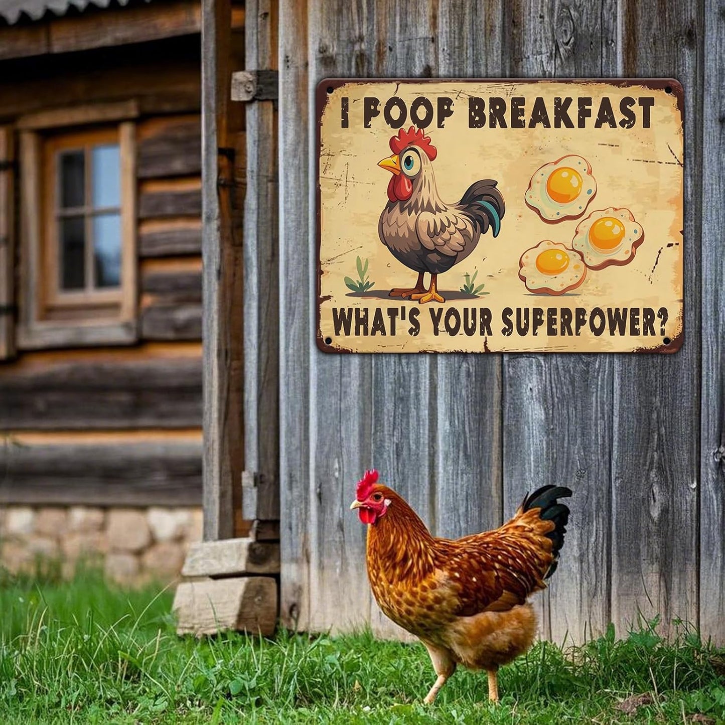 Farm Sign Chickens Pooping Breakfast Tin Sign Plaque Metal Poster 12x16 Inch Wall Decor