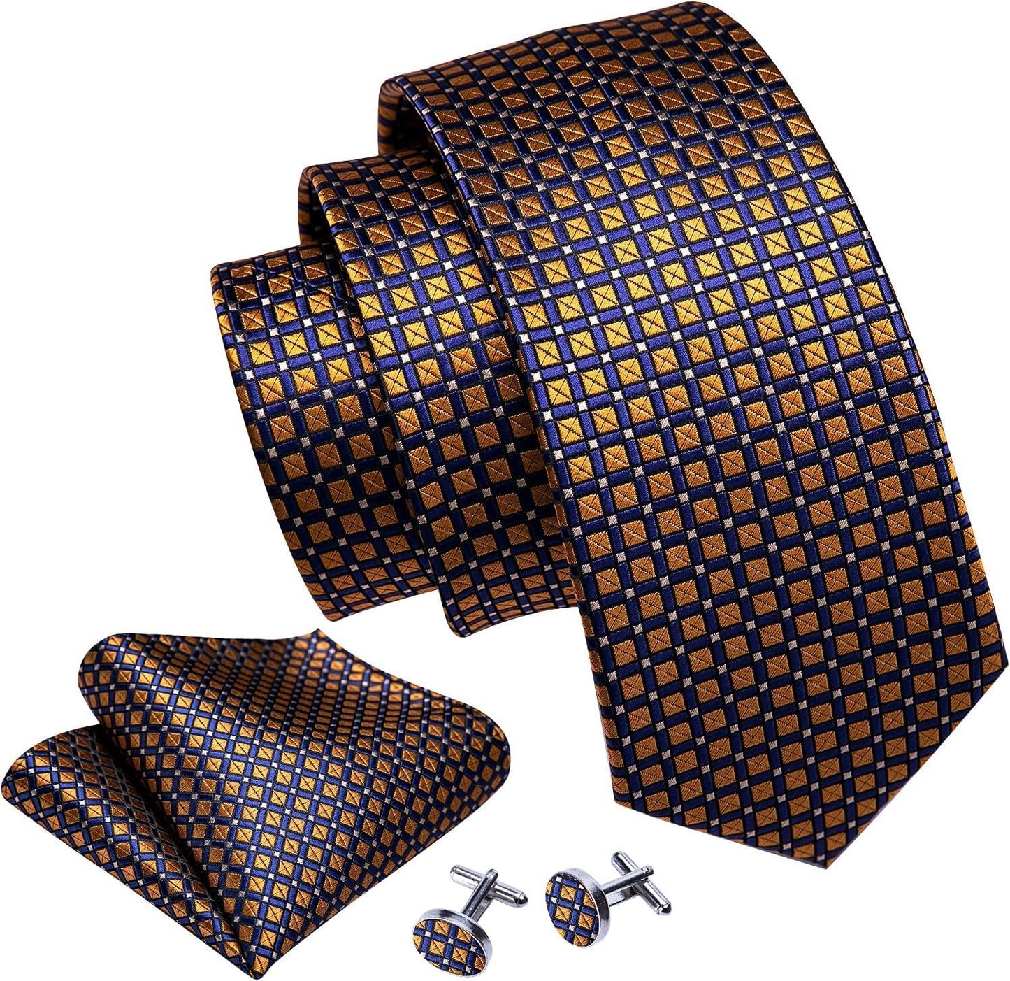 Barry.Wang Designer Classic Ties for Men Set Formal Pocket Square Cufflink Check Plaid