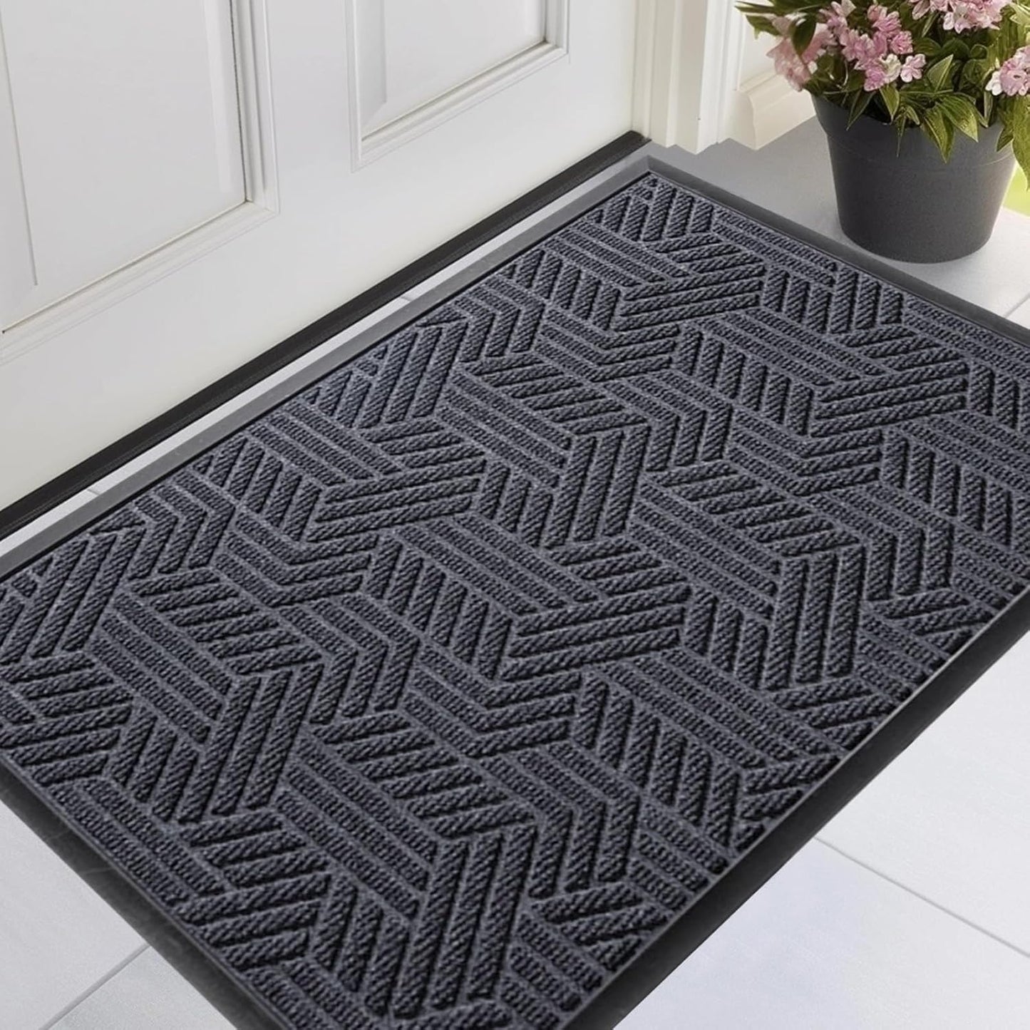 Front Door Mat 29.5"x17" Indoors Outdoors Welcome Mats, Waterproof Non-Slip Rubber Backing Heavy Duty Doormat Outside Entrance, Low Profile Entryway Rugs Floor Mat for Patio, Pattern B Grey