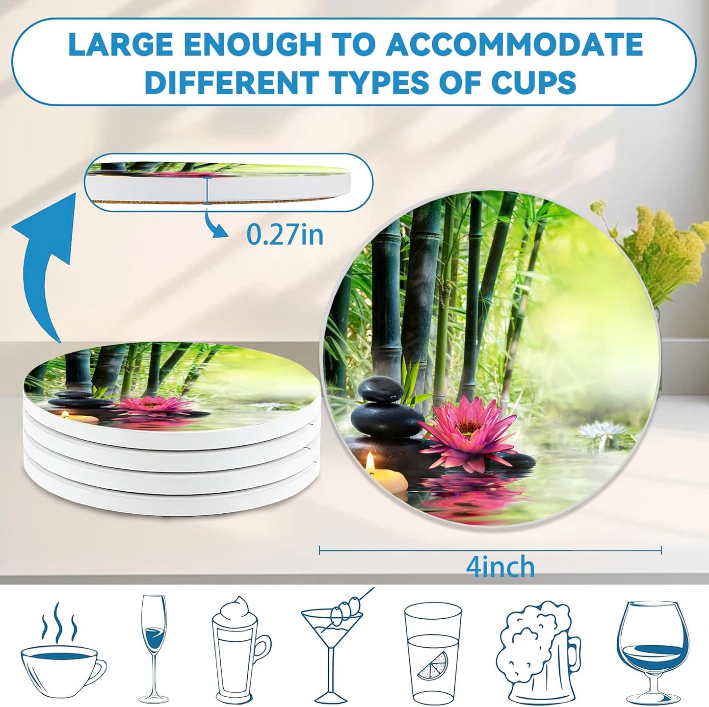 Zen Bamboo Round 4" Cup Coasters Set of 4, Absorbent Ceramic Stone Coasters with Cork Base, Ideal Home Decor Gifts