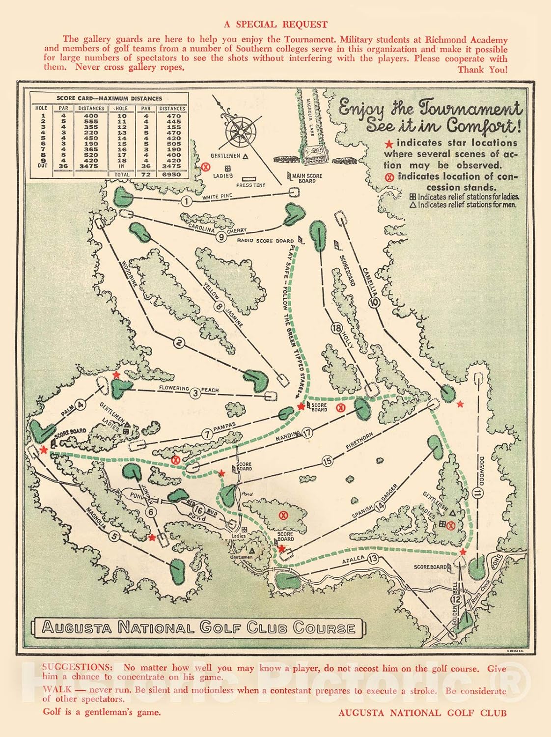 Historic Map - Augusta National Golf Club Course, 1954 - Unframed Vintage Wall Art 33in x 44in