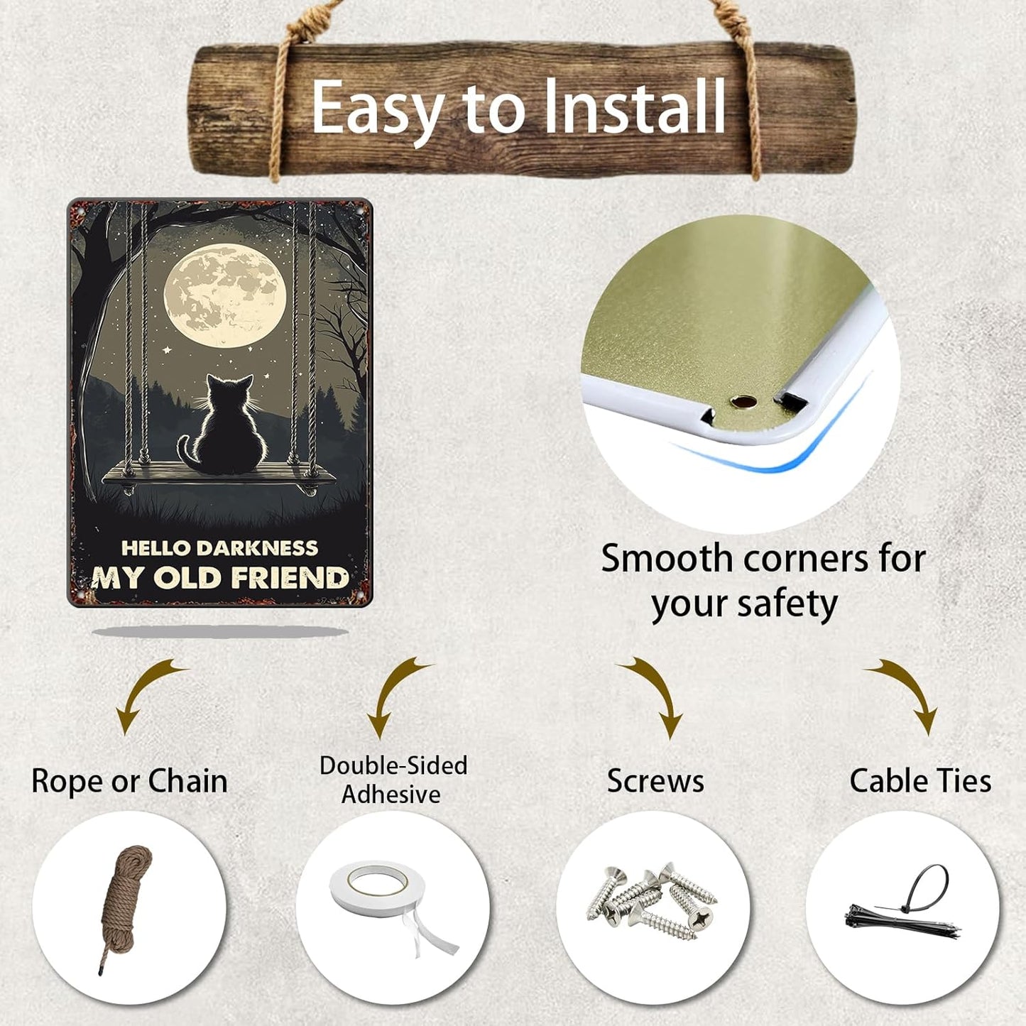 Vintage Wall Decor Metal Poster Plaque Black Cat Hello Darkness My Old Friend Iron Painting Wall Decor Nostalgic Tin Sign For Home Cofe Kitchen Pub Bar 12x16 Inch