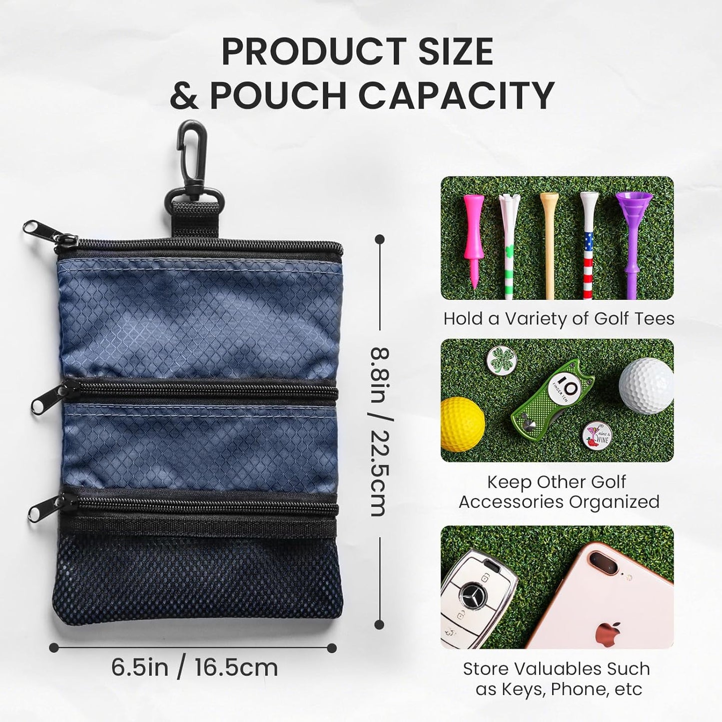 Golf Bag Accessories Valuables Pouch Bags Multi Pocket Zipper Hook with 10 Pcs Wood Golf Tees for Men Women