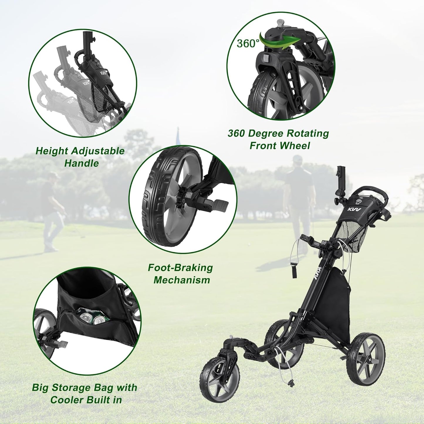 KVV 3 Wheel 360 Rotating Front Wheel Golf Push Cart Open and Close in ONE Second-Free Umbrella Holder Included