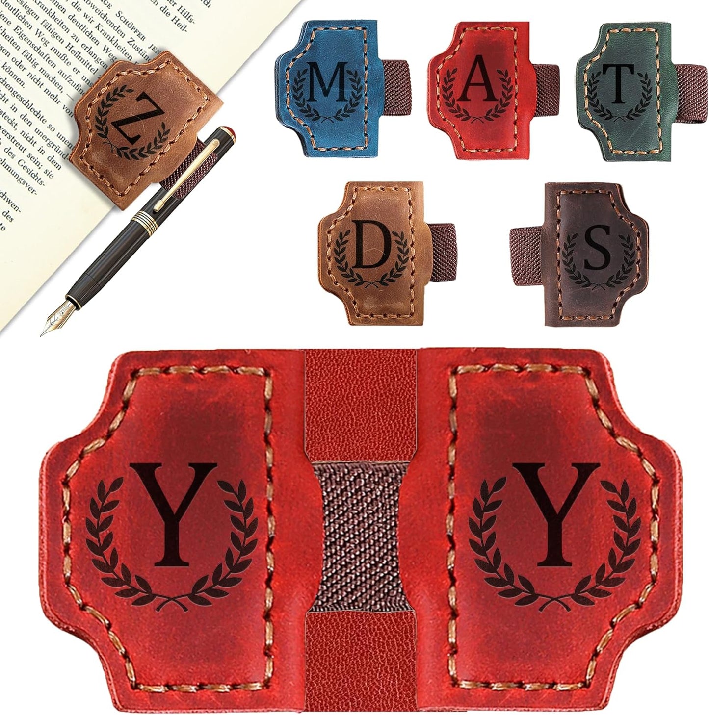 Bygone Mark Bookmark with Pen Holder, 26 Letters Name Initial Personalized Magnetic Bookmarks, Leather Book Mark for Men Women, Travelers Accessories, Teachers Readers Book Lovers Gifts (Red, Y)