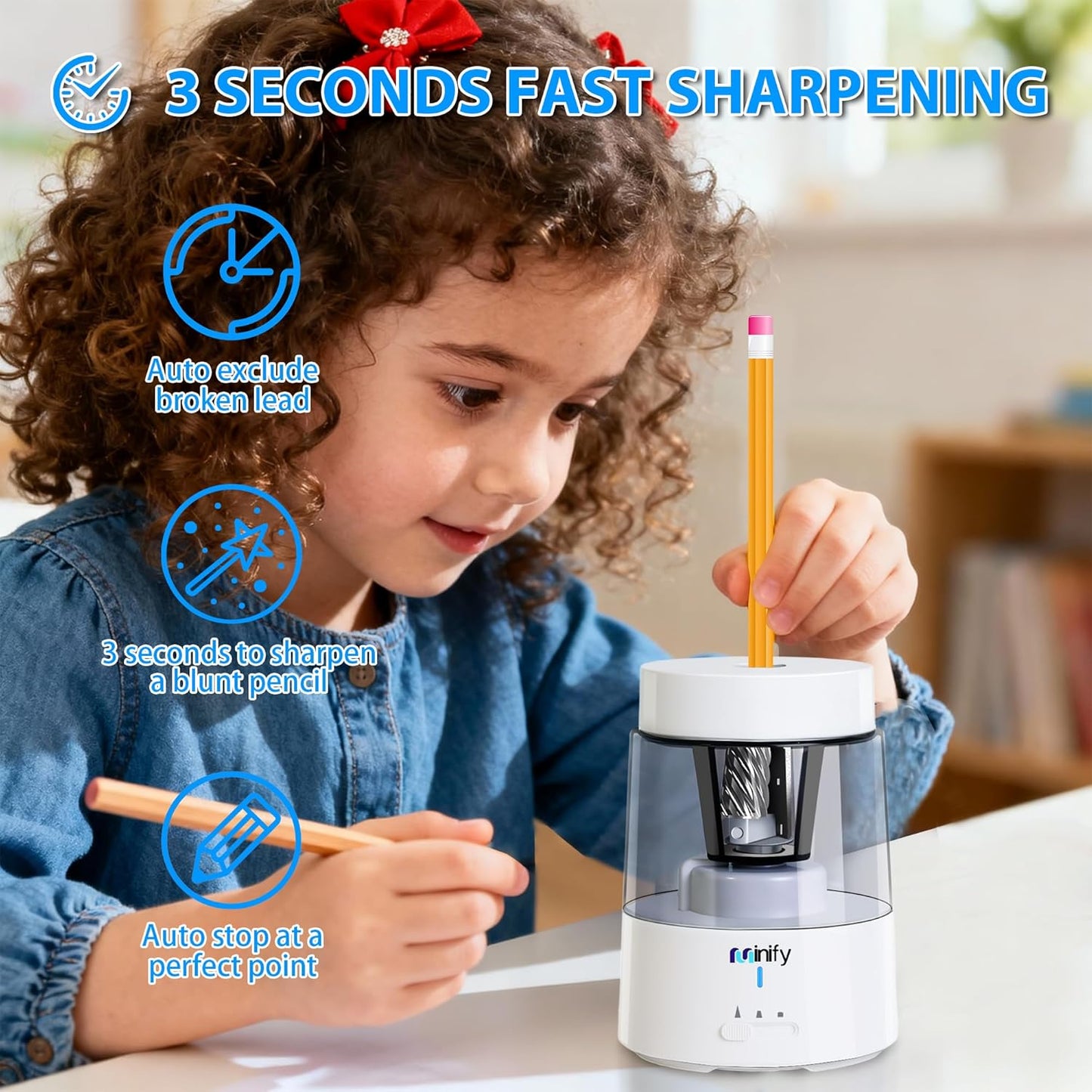 Pencil Sharpener Electric Pencil Sharpener Heavy Duty Blade Rechargeable Battery Powered Pencil Sharpeners for 6-8mm Colored Pencils Auto Stop Fast Sharpen in 3s (White)