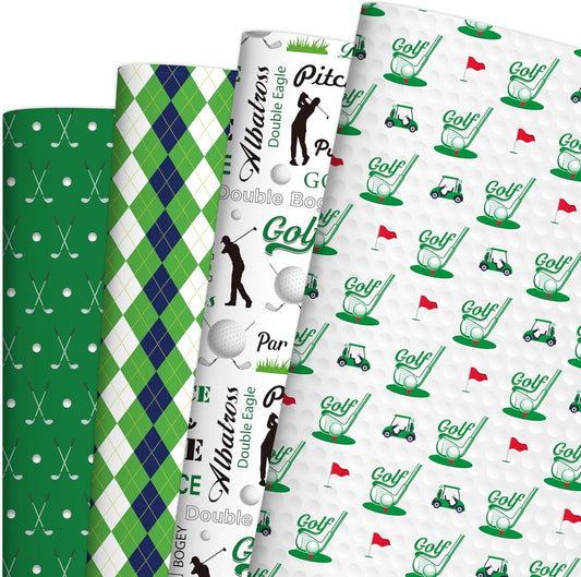 EoBeCy Golf Wrapping Paper for Men Boys, 12 Sheets Golf Gift Wrap with Golf Clubs, Balls, Carts, and Green Argyle Designs, Sports Wrapping Paper for Birthday Retirement (20 x 28 Inches Per Sheet)