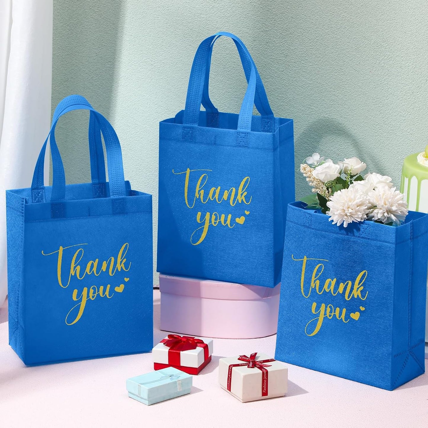 Sweetude 30 Pcs Thank You Gift Bags with Handles Bulk Reusable Goodie Bag Non Woven Foldable Handbag for Graduation Wedding Bridesmaid Gifts (10 x 8 x 4 Inch, Blue)