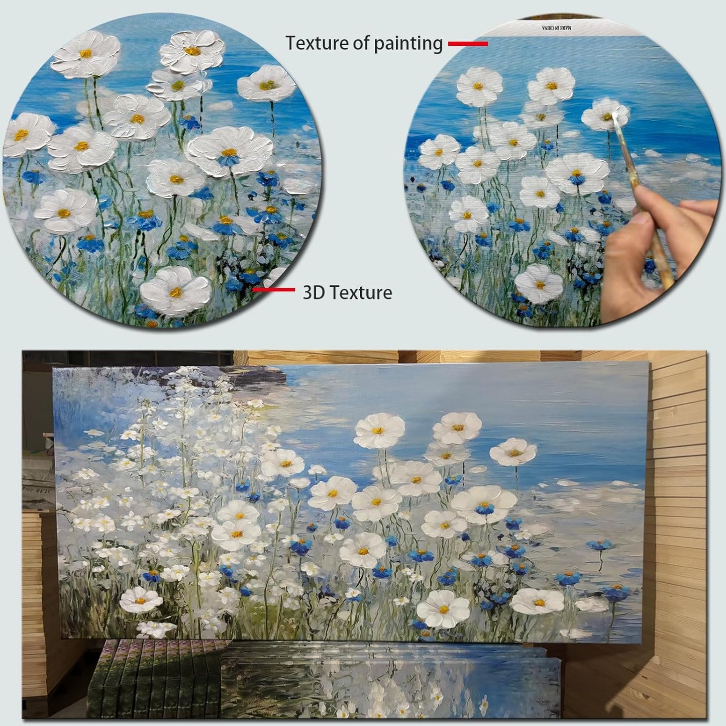 dgbtcart White Daisy Flower Wall Art Picture Decor, 3D Blue Texture Landscape Painting Modern Artwork Canvas Print for Living Room Bedroom Office Home Decoration - 20"x40"