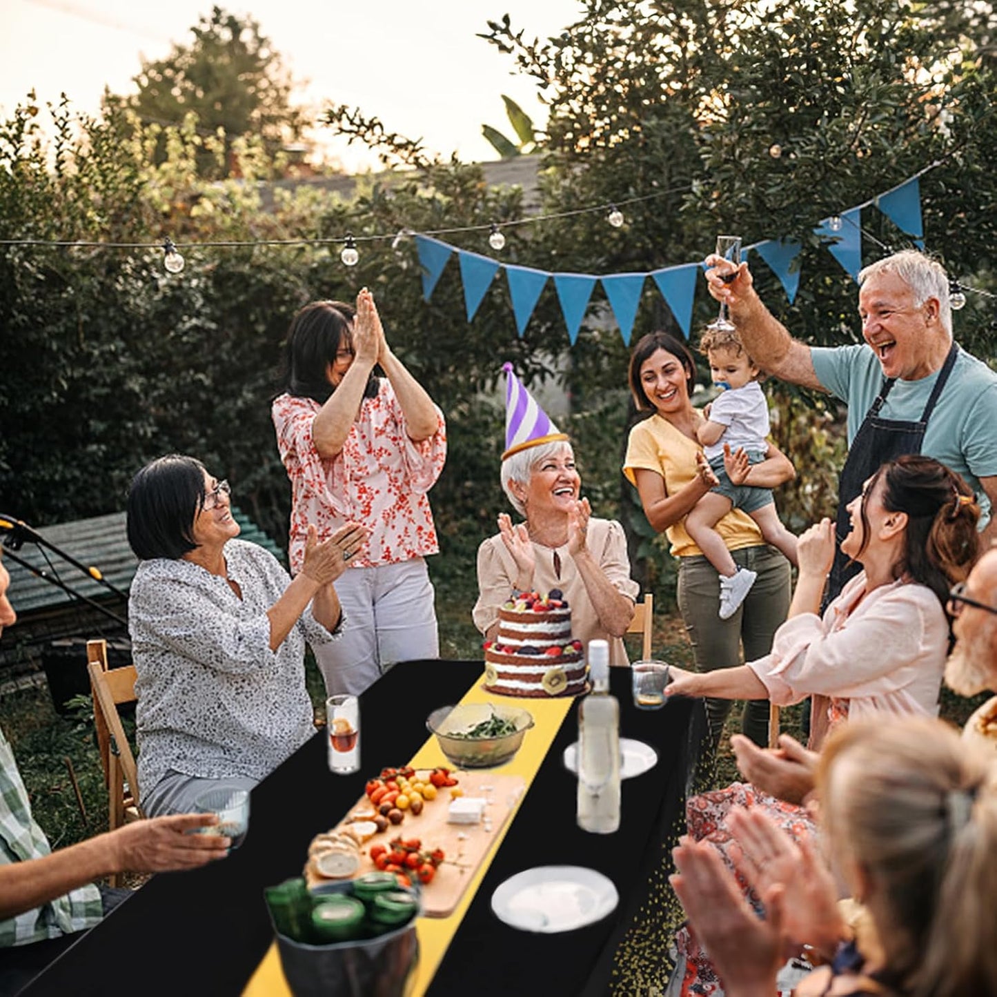 8 Packs Disposable Rectangle Tablecloth and Satin Table Runner, Black and Gold Plastic Table Cloths for Parties Table Cover for Baby Shower Birthday Wedding Anniversary Holiday Party Decorations