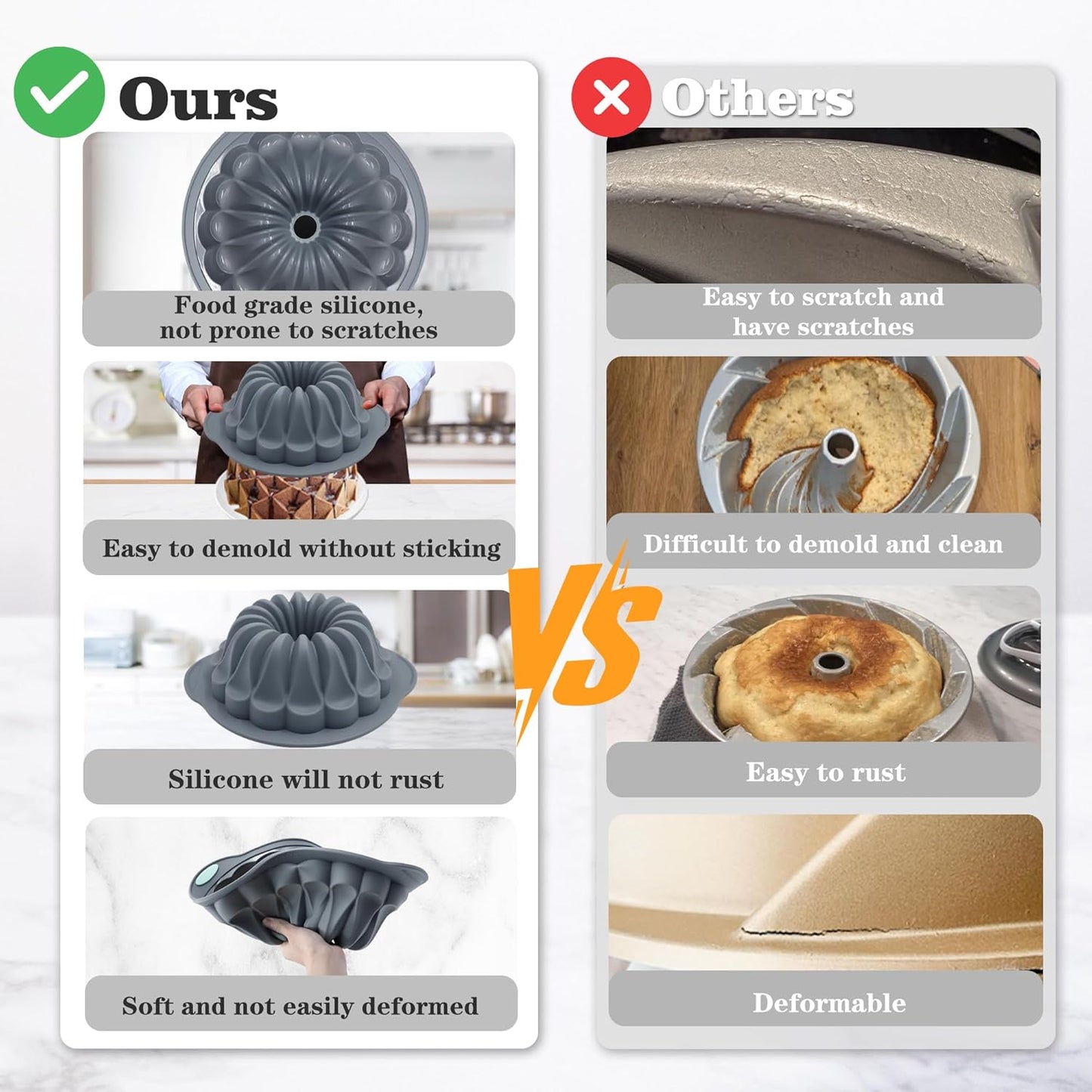 Tongjude 4 Pieces Silicone Fluted Tube Cake Pans, 10 Cups Tube Baking Pan, Jello Mold, Silicone Molds for Homemade Cake, Bread and Jello, Non-Stick, Grey