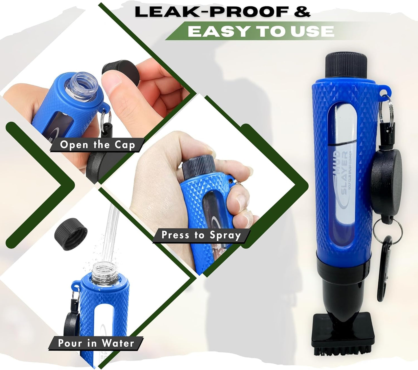 Mud Slayer Golf Club Cleaning Brush with Fine Mist Spray, Leak-Proof Viewing Window & Retractable Clip – Dual Bristle Head, Ergonomic Handle – Must-Have Golf Accessories for Men & Women