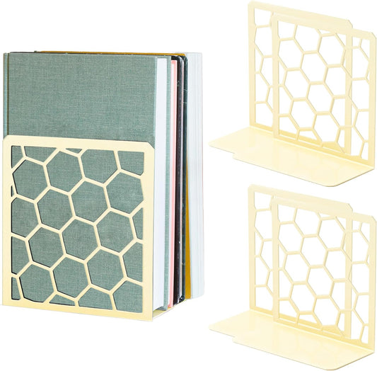 GEOMOD Geometric Honeycomb Yellow Metal Bookends Decorative - Tall Sturdy Book Ends for Shelves - Modern Heavy Duty Bookend Stopper - Office Shelf Book Holder - 6x3.25x6.25 Inches - 2 Pair