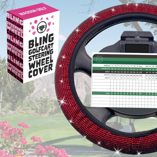 Universal Colorful Bling Crystal Diamond Rhinestones Golf Cart Steering Wheel Cover fits Club Car, Yahama, EZGO, Anti Slip Cover Easy to Install, Great Gifts for Golfer Women Womens (Red Diamond)