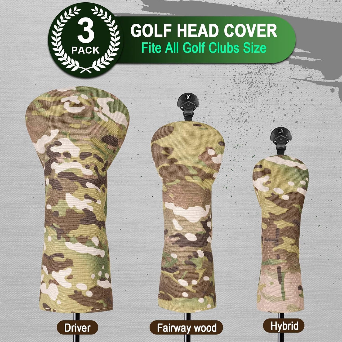3 Pack Camouflage Golf Club Head Covers for Driver, Fairway Woods and Hybrid with Rotatable Number Tag
