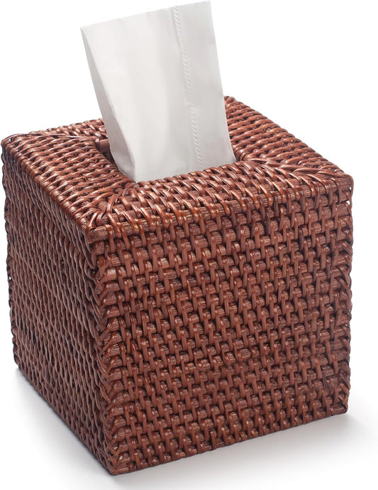 Square Rattan Tissue Box Cover, Hand Woven Wicker Tissue Holder, 5.5 x 5.5 X 5.7 inches, Honey Brown