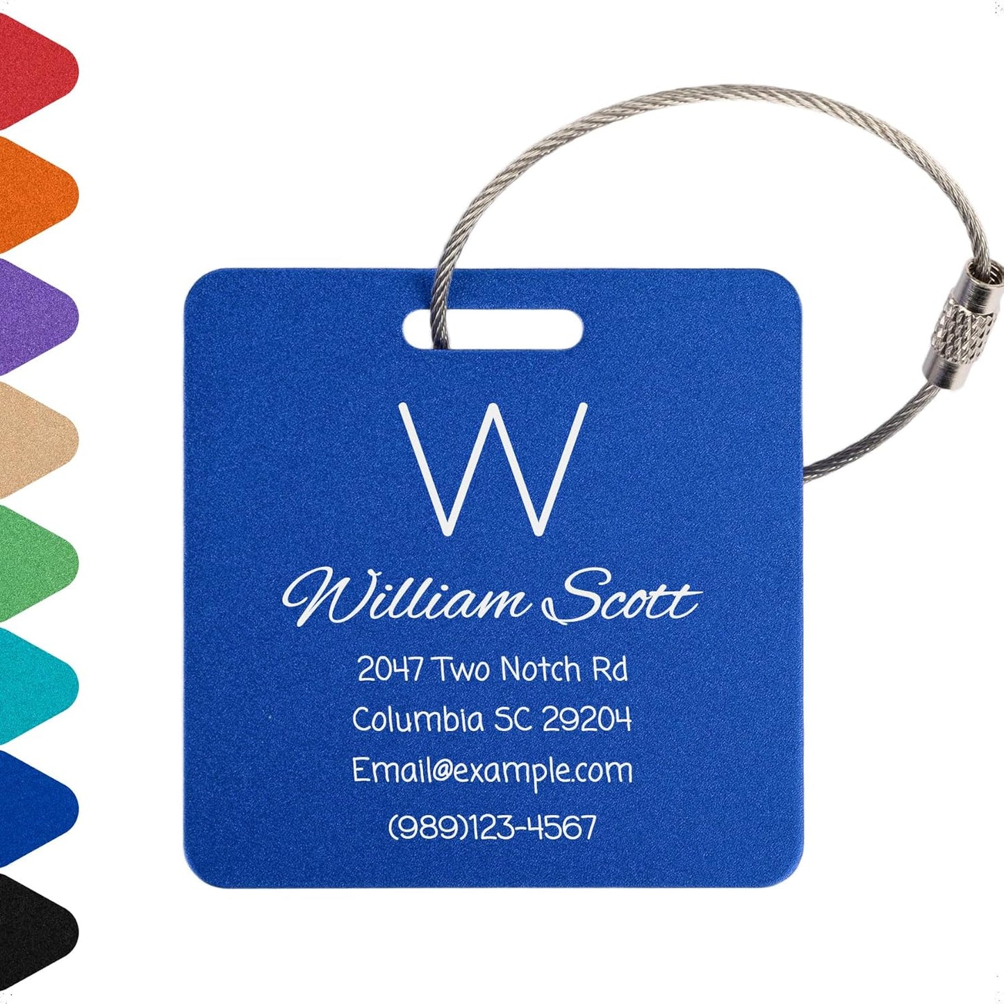 Personalized Luggage Tags for Suitcases Custom Metal Name Tags for Backpacks Bags Travel - Square (Blue)