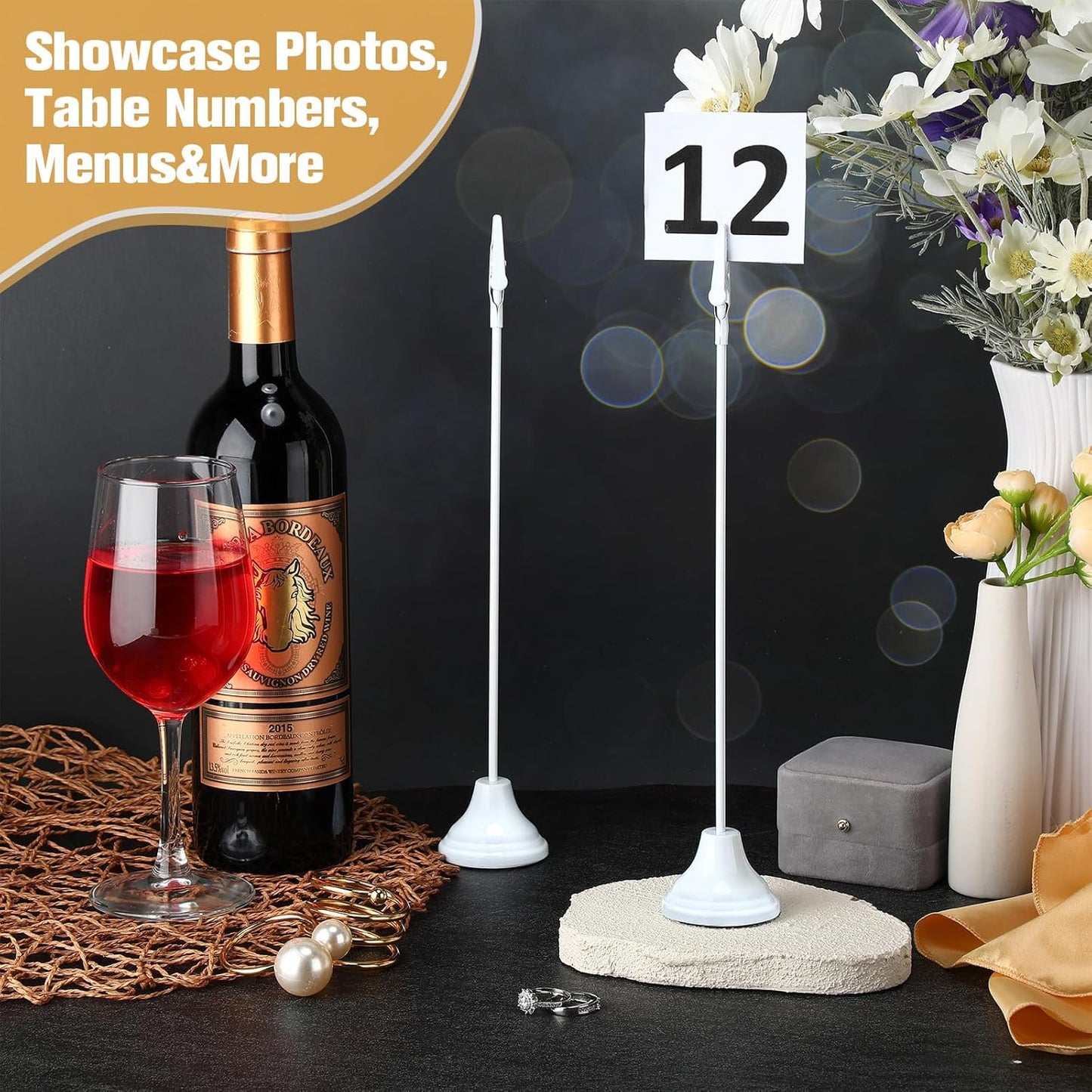 Skyygemm 12 Pcs Table Number Holders 12 Inch Place Card Holder with Alligator Clip Metal Place Card Stands Table Sign for Photos, Food Signs, Birthdays, Weddings(White)