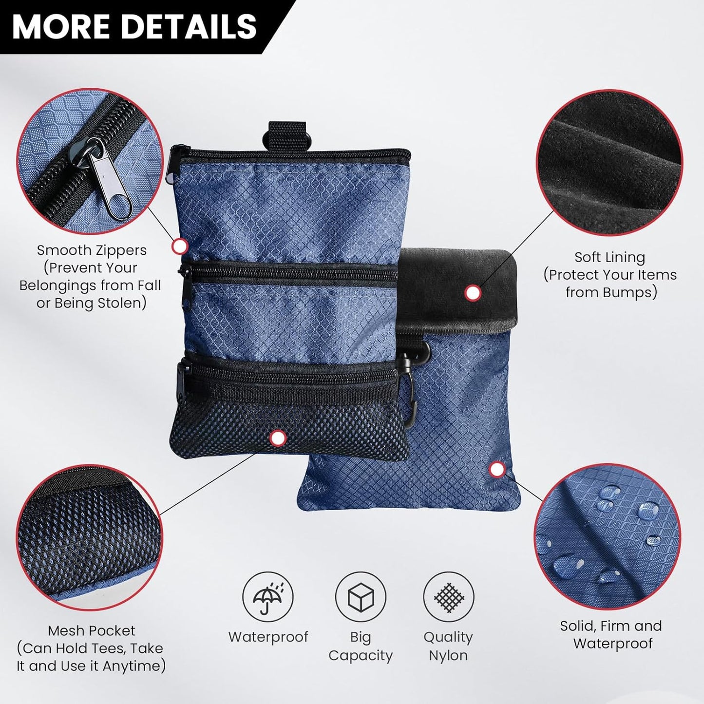 Golf Bag Accessories Valuables Pouch Bags Multi Pocket Zipper Hook with 10 Pcs Wood Golf Tees for Men Women