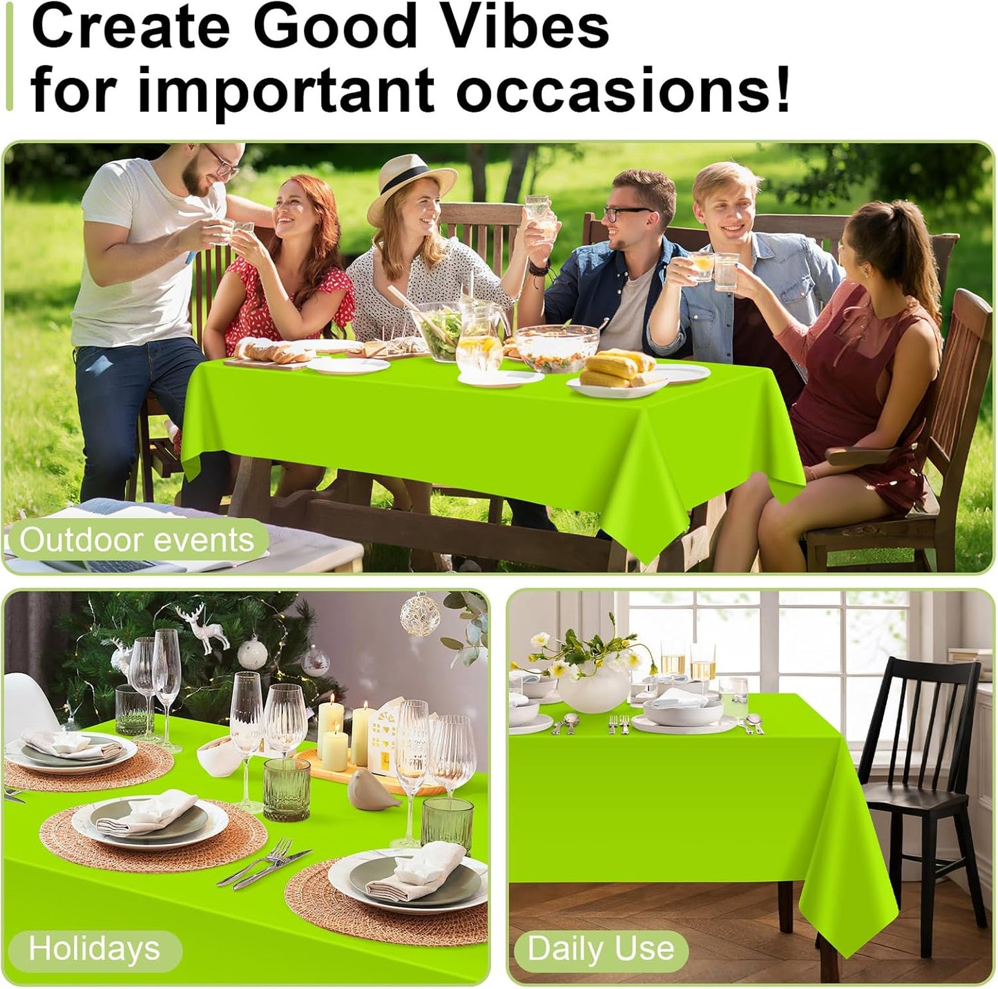 QIKSION Plastic Table Cloth Disposable 2 Pack, 54 x 108 Inch Tablecloths for Rectangle Tables, Lime Green Plastic Table Cover