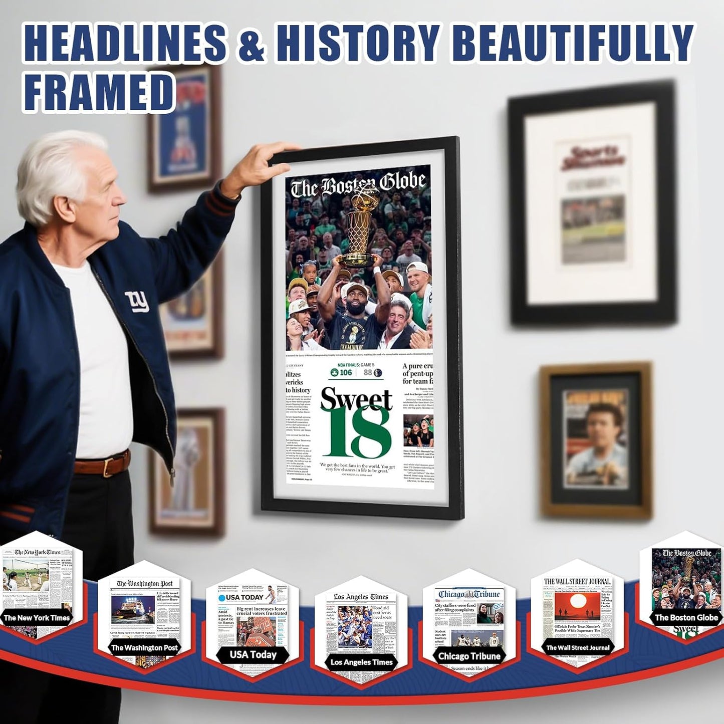 JupDec 11 × 22 Up to 13 × 24 Newspaper Frame, Premium Wood Display Case with Acrylic Panel, Wall Mount or Tabletop Stand, Perfect for Home & Office Decor, Ideal Gift for Collector, 6 Pack, White